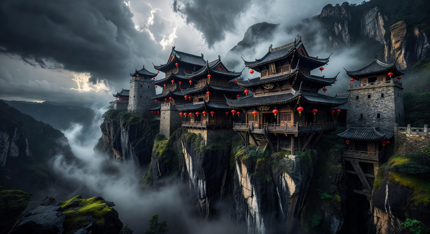 Dark Chinese mountains and architecture with subtle red lanterns